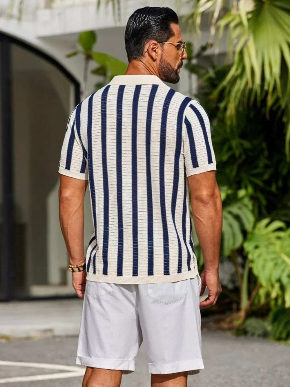 Men's Navy Blue Knit Short Sleeve Button Down Polo Striped Casual Beach Shirt - Picture 3 of 6